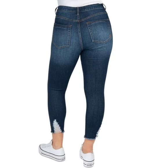 Indigo Rein Juniors High Rise Crop Distressed Jeans in Dark Blue - Picture 2 of 2